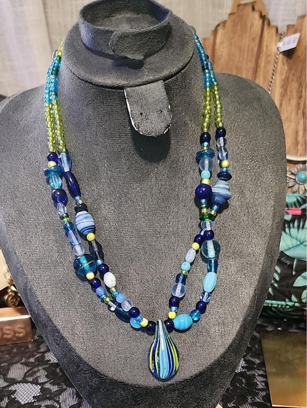 Multi-Strand Blue & Green Glass Bead Necklace with Pendant - Picture 1 of 3